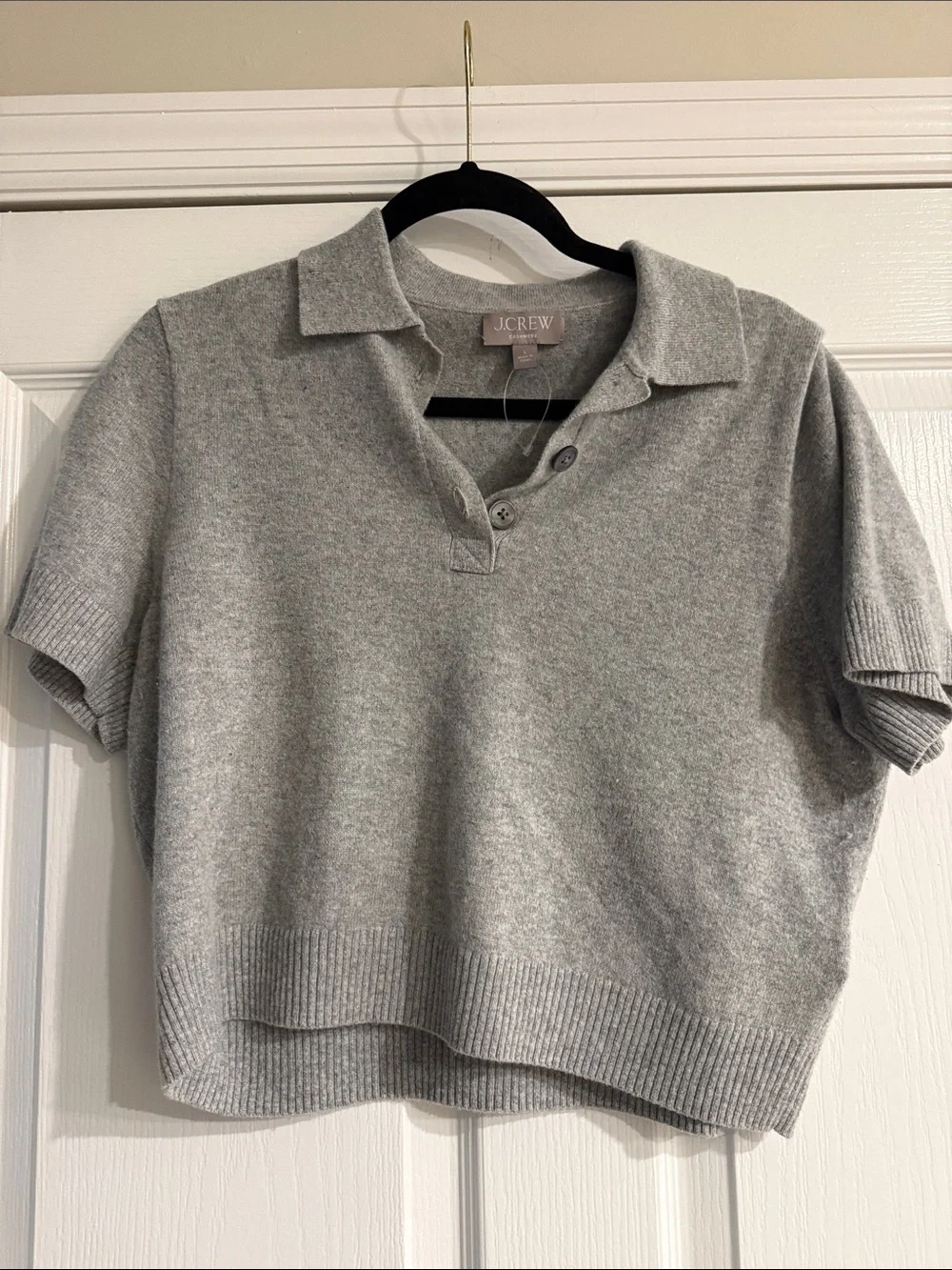 J. Crew Light Gray Cashmere CroppedShort-Sleeve V-Neck Polo Sweater